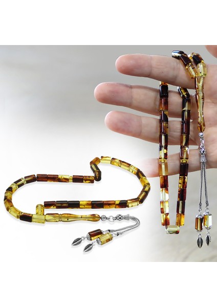 Fosilli Beyrut Kehribar Tesbih - 925 Ayar Gümüş Püsküllü - Sarı Siyah - Kesme Kesim fiyatları