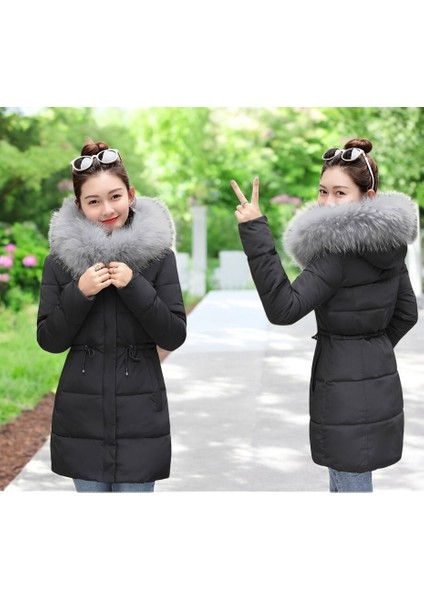 Orta Boy Kürklü Kapüşonlu Su Geçirmez Kadın Siyah Mont fırsatları