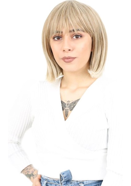 Küt Kahküllü Fiber Sentetik Peruk - Karamel / Platin Röfleli