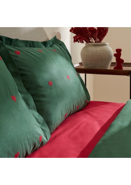 Amour Mio %100 Pamuk Çift Kişilik Nakışlı Nevresim Takımı Koyu Yeşil