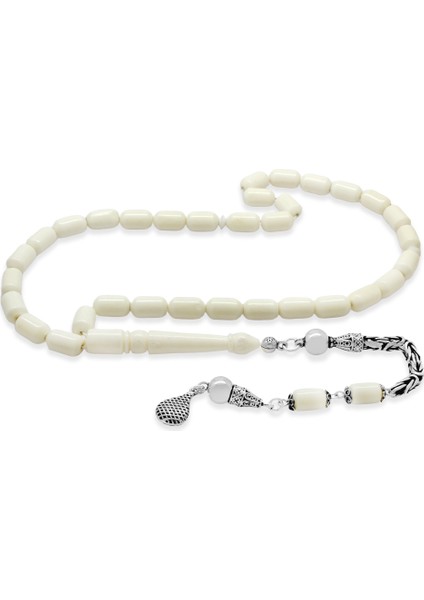 925 Ayar Gümüş Kral Zincir Püsküllü Uçlu Kapsül Kesim Beyaz Renk Deve Kemiği Tesbih