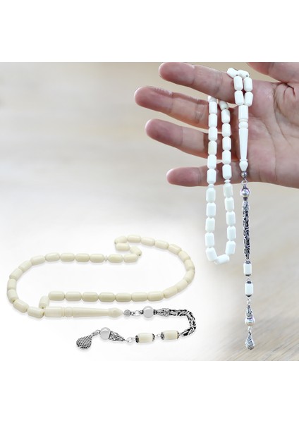 925 Ayar Gümüş Kral Zincir Püsküllü Uçlu Kapsül Kesim Beyaz Renk Deve Kemiği Tesbih fiyatları