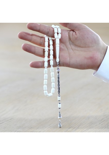 925 Ayar Gümüş Kral Zincir Püsküllü Uçlu Kapsül Kesim Beyaz Renk Deve Kemiği Tesbih fırsatları