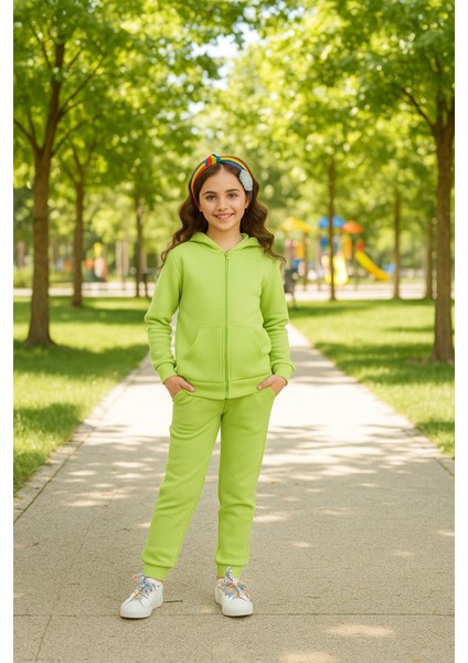 3 Iplik Şardonlu Kapüşonlu Eşofman Takımı 2'li I Çocuk Takım Cepli Kapüşonlu I Fermuarlı Takım