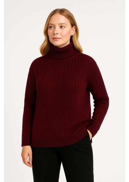 Balıkcı Yaka Bağazlı Triko Kazak Pamuklu Kalın Fitilli Dokuma - Bordo modelleri