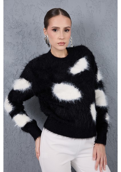 Siyah-Beyaz Sakal Iplik Desenli Bisiklet Yaka Triko Kazak fiyatları