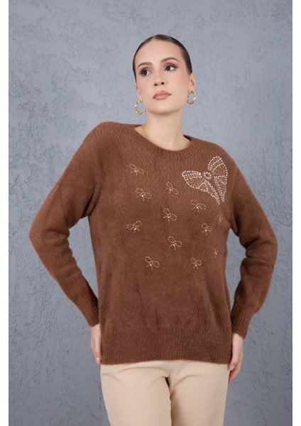 Kadın Kahve Sakal Iplik Boncuk Nakışlı Bisiklet Yaka Triko Kazak