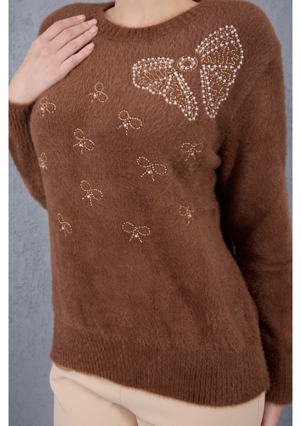 Kadın Kahve Sakal Iplik Boncuk Nakışlı Bisiklet Yaka Triko Kazak fiyatları