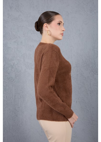 Kadın Kahve Sakal Iplik Boncuk Nakışlı Bisiklet Yaka Triko Kazak modelleri