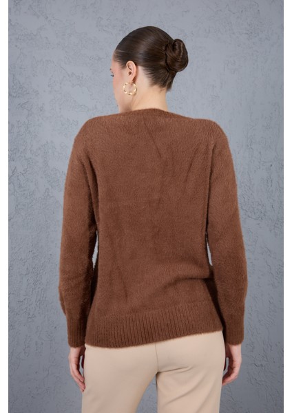 Kadın Kahve Sakal Iplik Boncuk Nakışlı Bisiklet Yaka Triko Kazak fırsatları