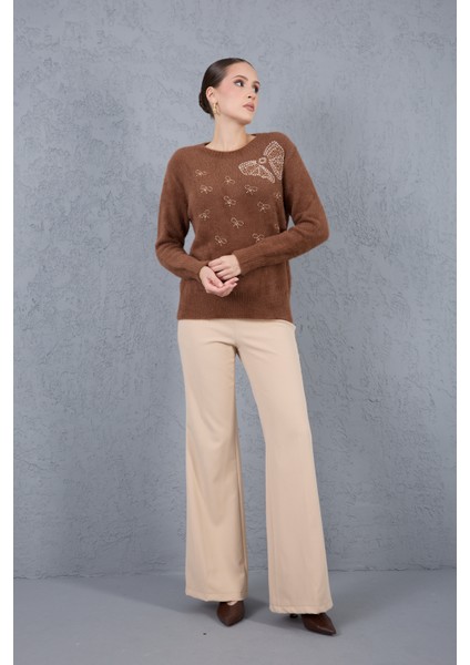 Kadın Kahve Sakal Iplik Boncuk Nakışlı Bisiklet Yaka Triko Kazak indirimleri