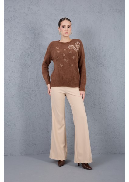 Kadın Kahve Sakal Iplik Boncuk Nakışlı Bisiklet Yaka Triko Kazak