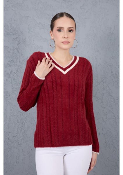 Kadın Bordo Sakal Iplik Kontrast Biyeli V Yaka Triko Kazak