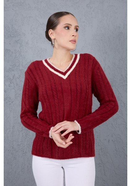 Kadın Bordo Sakal Iplik Kontrast Biyeli V Yaka Triko Kazak fiyatları