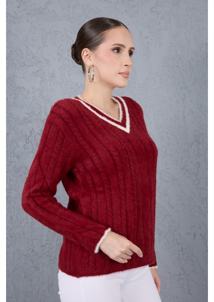 Kadın Bordo Sakal Iplik Kontrast Biyeli V Yaka Triko Kazak modelleri