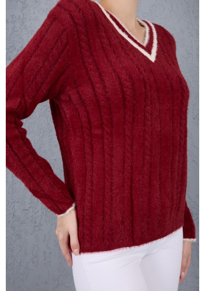 Kadın Bordo Sakal Iplik Kontrast Biyeli V Yaka Triko Kazak indirimleri