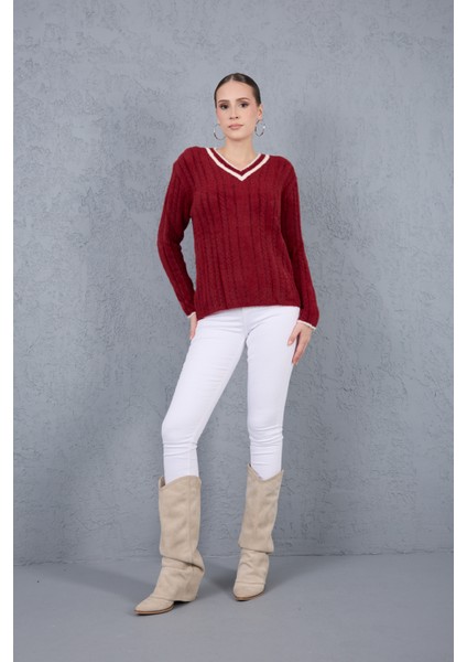 Kadın Bordo Sakal Iplik Kontrast Biyeli V Yaka Triko Kazak