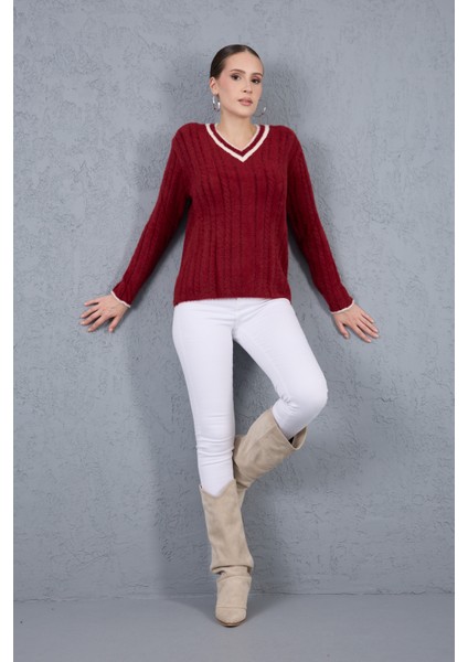 Kadın Bordo Sakal Iplik Kontrast Biyeli V Yaka Triko Kazak