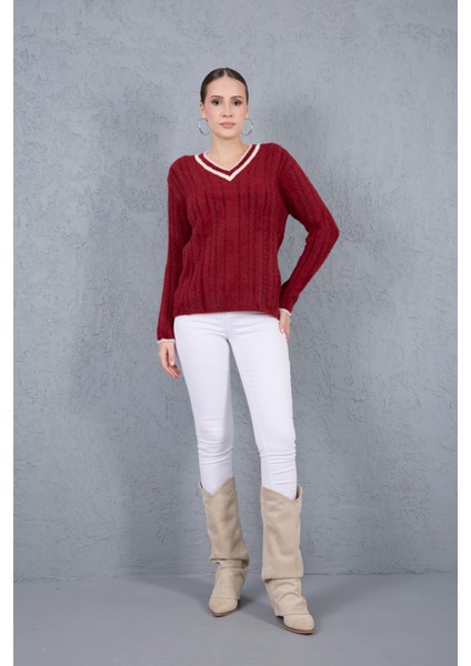 Kadın Bordo Sakal Iplik Kontrast Biyeli V Yaka Triko Kazak