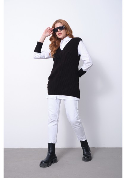 Fitilli Triko Süveterli Gömlek Ikili Kombin