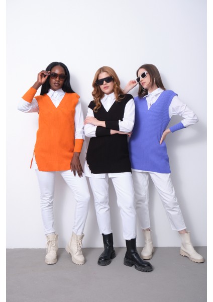 Fitilli Triko Süveterli Gömlek Ikili Kombin