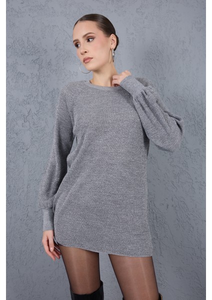 Kadın Gri Reglan Balon Kollu Bisiklet Yaka Simli Triko Kazak