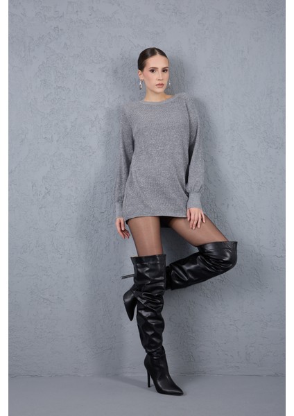 Kadın Gri Reglan Balon Kollu Bisiklet Yaka Simli Triko Kazak fiyatları