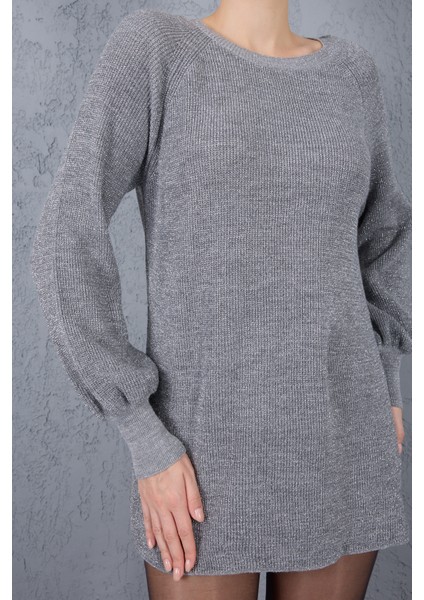 Kadın Gri Reglan Balon Kollu Bisiklet Yaka Simli Triko Kazak modelleri