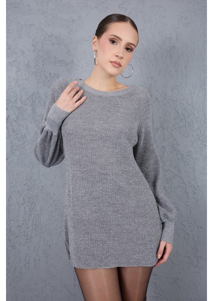 Kadın Gri Reglan Balon Kollu Bisiklet Yaka Simli Triko Kazak fırsatları