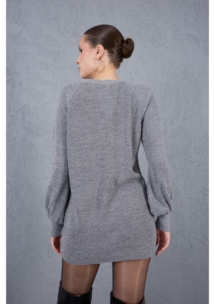 Kadın Gri Reglan Balon Kollu Bisiklet Yaka Simli Triko Kazak indirimleri