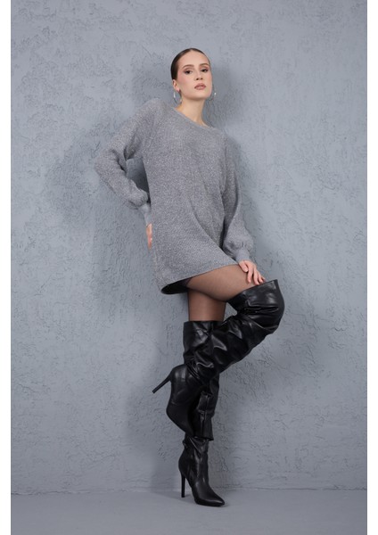 Kadın Gri Reglan Balon Kollu Bisiklet Yaka Simli Triko Kazak