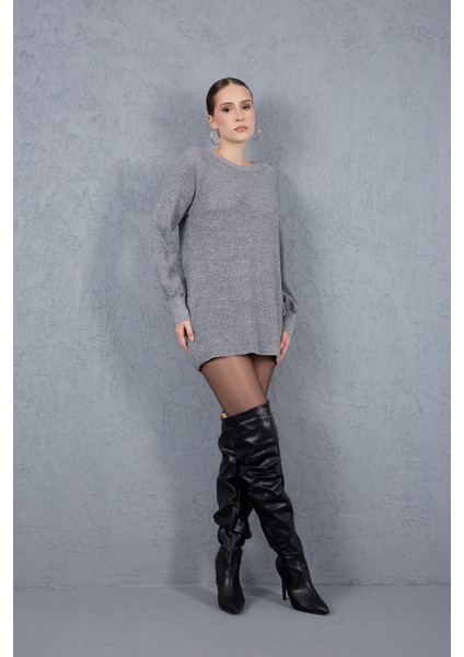 Kadın Gri Reglan Balon Kollu Bisiklet Yaka Simli Triko Kazak