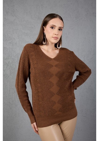 Kadın Kahve Simli Selanik Örgü Baklava Desenli Geniş Manşetli V Yaka Triko Kazak fiyatları