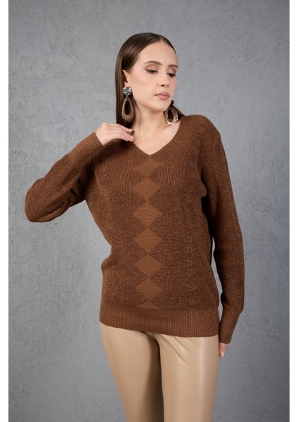 Kadın Kahve Simli Selanik Örgü Baklava Desenli Geniş Manşetli V Yaka Triko Kazak fırsatları