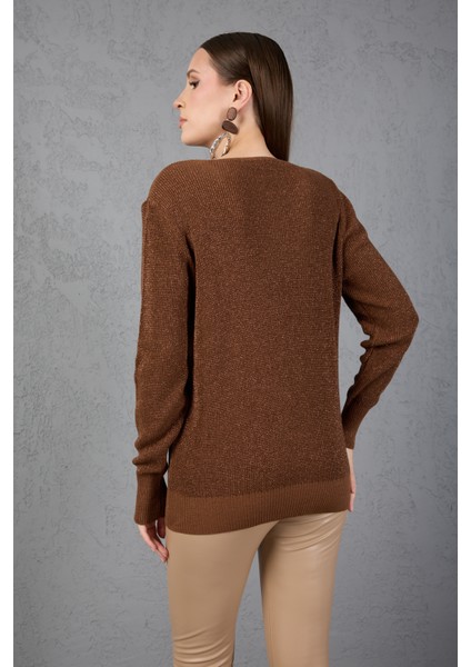 Kadın Kahve Simli Selanik Örgü Baklava Desenli Geniş Manşetli V Yaka Triko Kazak indirimleri