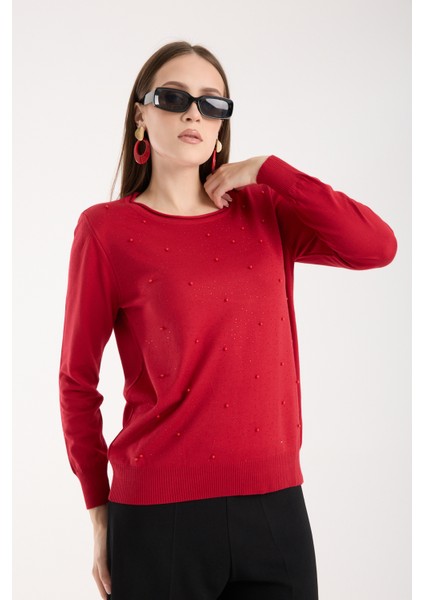 Kadın Kırmızı Elit Viskon Kumaş Taş ve Inci Detaylı Yuvalak Yaka Triko Bluz fiyatları