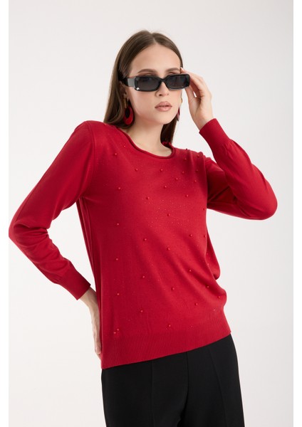 Kadın Kırmızı Elit Viskon Kumaş Taş ve Inci Detaylı Yuvalak Yaka Triko Bluz modelleri
