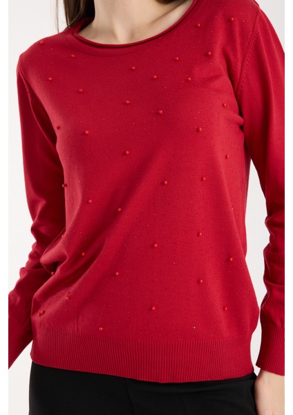 Kadın Kırmızı Elit Viskon Kumaş Taş ve Inci Detaylı Yuvalak Yaka Triko Bluz fırsatları