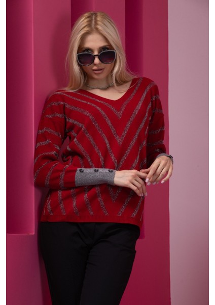 Bordo Çizgili V Yaka Kadın Kazak