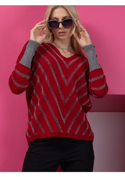 Bordo Çizgili V Yaka Kadın Kazak fiyatları