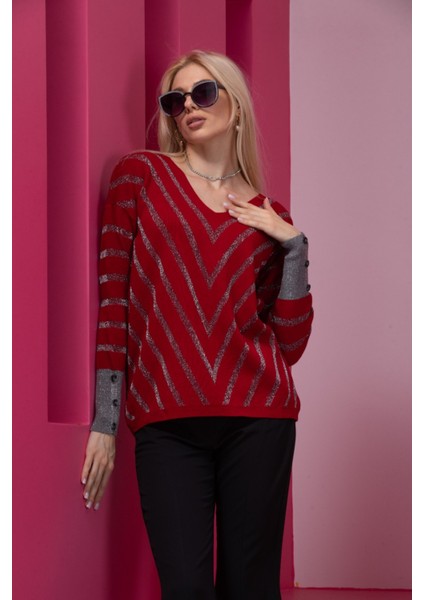Bordo Çizgili V Yaka Kadın Kazak modelleri