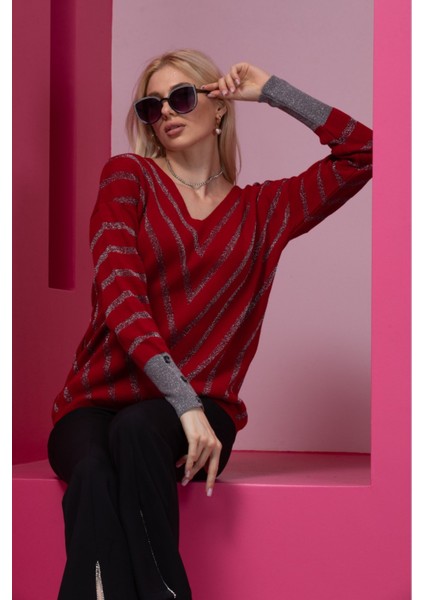 Bordo Çizgili V Yaka Kadın Kazak fırsatları