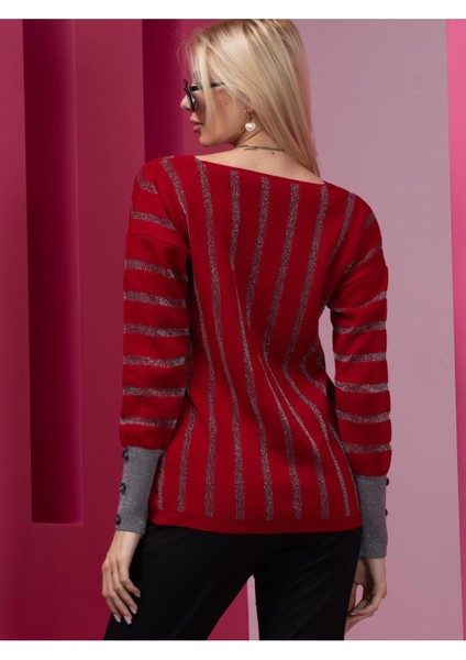 Bordo Çizgili V Yaka Kadın Kazak indirimleri