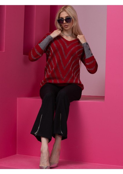 Bordo Çizgili V Yaka Kadın Kazak