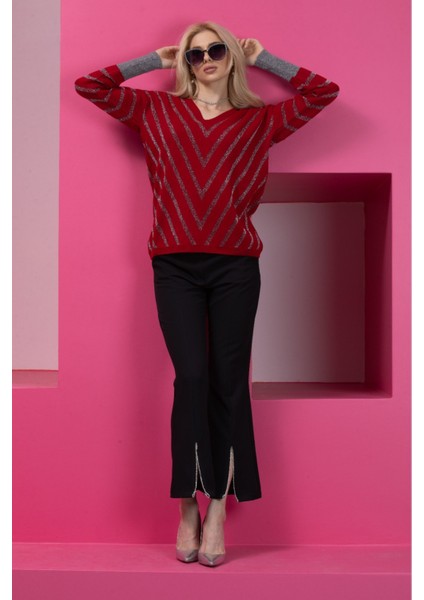 Bordo Çizgili V Yaka Kadın Kazak