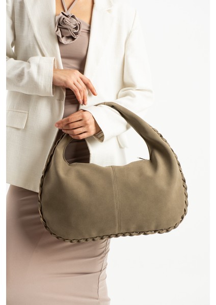 Nova Örgü Kenarlı Süet Büyük Boy El ve Omuz Çantası