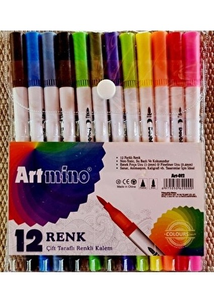 12 Renk Çift Uçlu Dual Tip Brush Pen Fırça Uçlu & Artmino Fineliner Sanat Kalemi