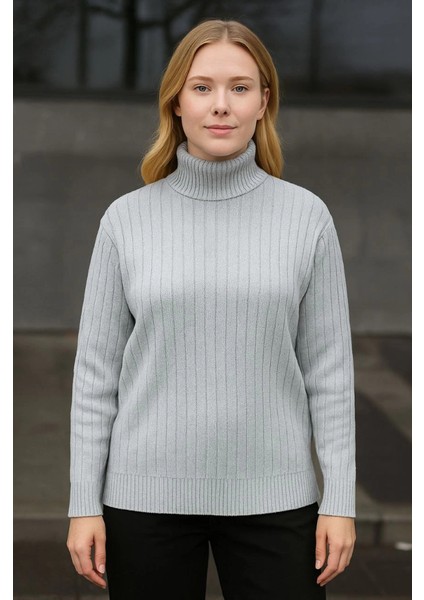 Balıkcı Yaka Bağazlı Triko Kazak Pamuklu Kalın Fitilli Dokuma - Gri modelleri