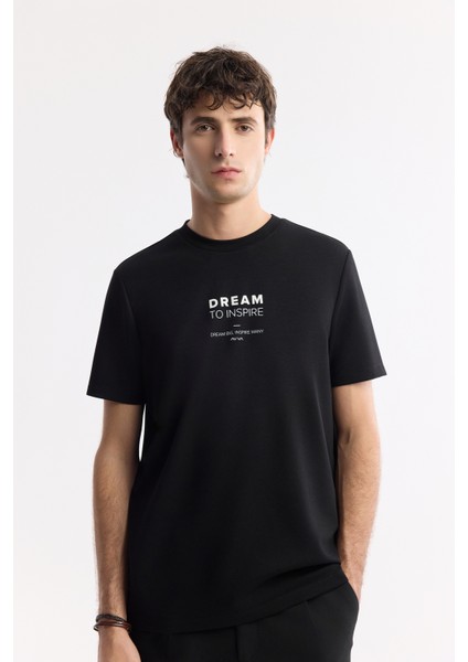 Erkek Siyah Bisiklet Yaka Baskılı Bi-Stretch İnterlok Regular Fit T-Shirt A51Y1140