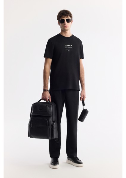 Erkek Siyah Bisiklet Yaka Baskılı Bi-Stretch İnterlok Regular Fit T-Shirt A51Y1140